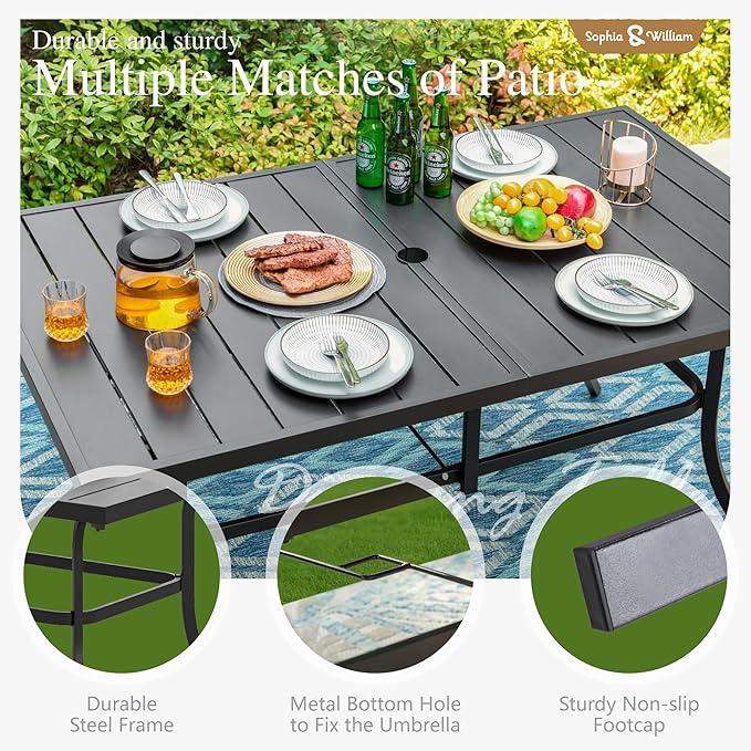 Sophia and William Patio Dining Set for 6, Outdoor Table and Chairs, Removable Red Seat Cushions, 60" Black Patio Dining Table,Red