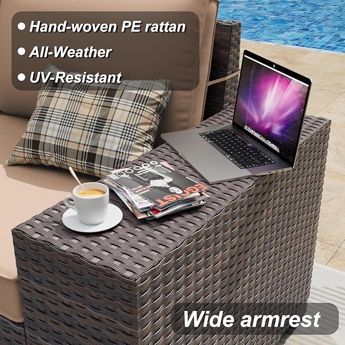 ALAULM 7 Pieces Patio Furniture Set with Fire Pit Table 55000BTU, Oversized Seat/Armrest and High Back Wicker Conversation Set with Thick Cushion for Backyard, Garden, Sand