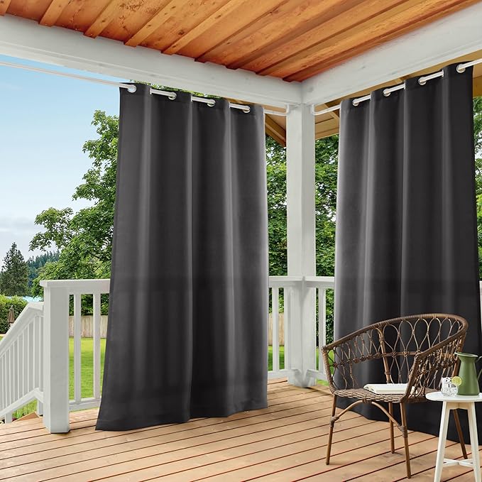 TOWN & COUNTRY BASICS Cabana Solid Heavyweight Indoor Outdoor Curtains, Light Filtering Opacity with Grommet Top, Water Repellent, 2-Pack Set, 54"x96", Charcoal