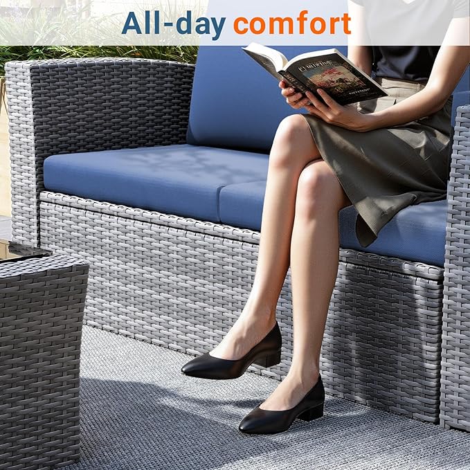 Wisteria Lane 5 Piece Patio Furniture Set, Wicker Outdoor Patio Conversation Furniture Set, All Weather Outdoor Patio Sofa with Cushion and Glass Table, Blue
