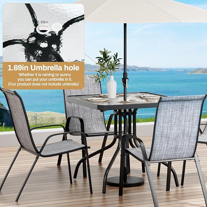 Arlopu 5 Piece Outdoor Patio Dining Set (Umbrella not Included), Porch Furniture with 4 Textline Chairs, 1 Square Glass Table for Garden, Backyard and Poolside, Lawn (Grey)
