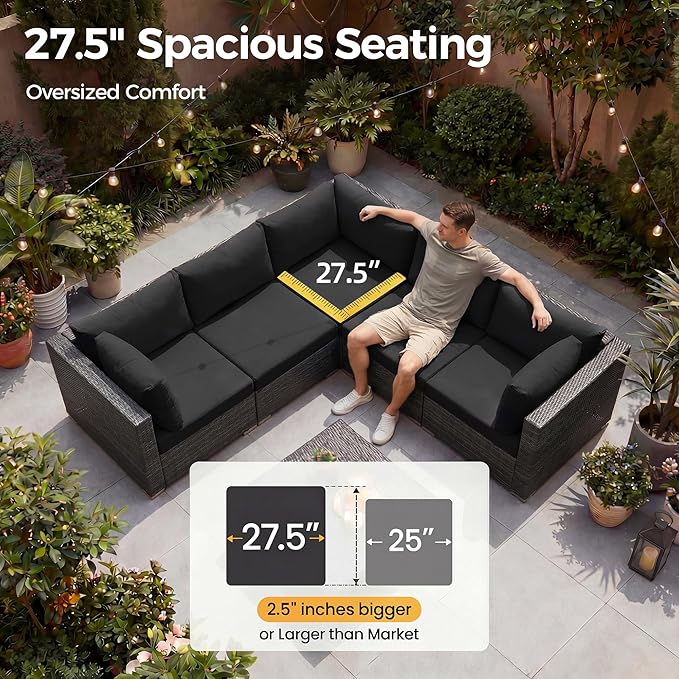 NICESOUL 7 Piece Modern Outdoor Patio Furniture Set, Extra Large Grey Wicker Patio Modular Conversations with Tables, All-Weather Deep Sofa Couches for Backyard Deck, 2 Color Cushion Black & Gray