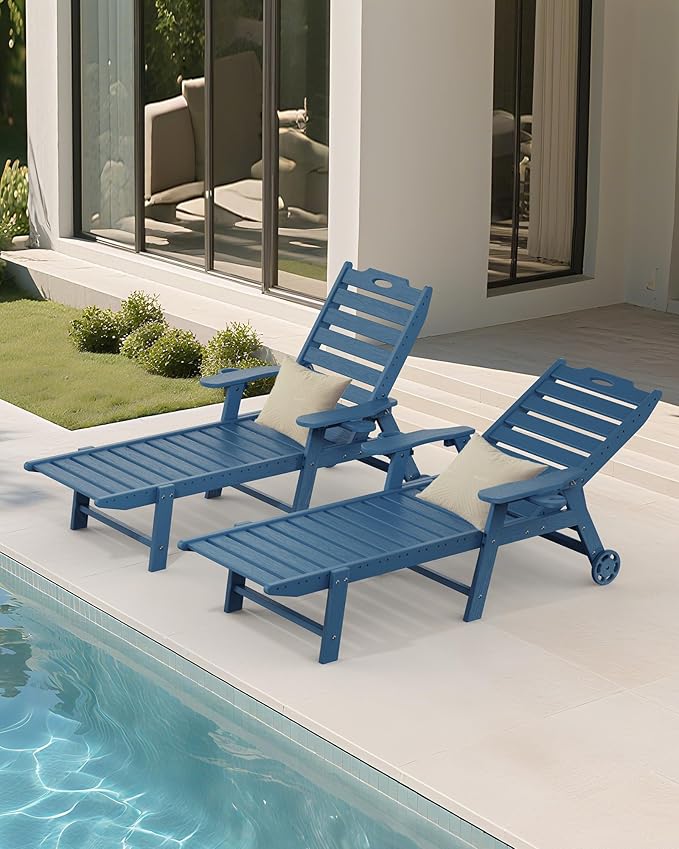 Carauci Lounge Chair Outdoor Set of 4, HDPE Chaise Lounge with Wheels, 5-Position Adjustable Backrest & 2 Cup Holders Patio Lounge Chair, All-Weather Pool Sun Lounger for Poolside, Backyard, Blue