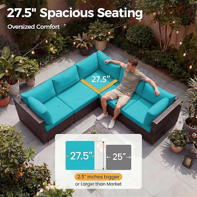 NICESOUL 8 Piece Outside Furniture Set, 29.3'' High Back Deep Seating Wicker Patio Modular Sectionals, Oversized Modern Comfy Conversation Sets for Backyard, Brown Rattan and Teal Cushion