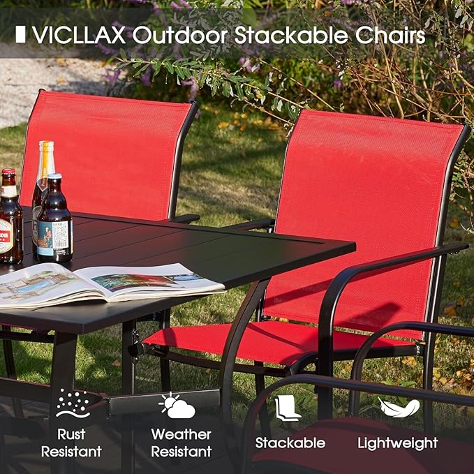 VICLLAX 5 Pieces Patio Dining Set for 4, Outdoor Furniture Set Includes 40.7" Round Patio Table and 4 Patio Stackable Chairs, Black Tabletop and Red Fabric