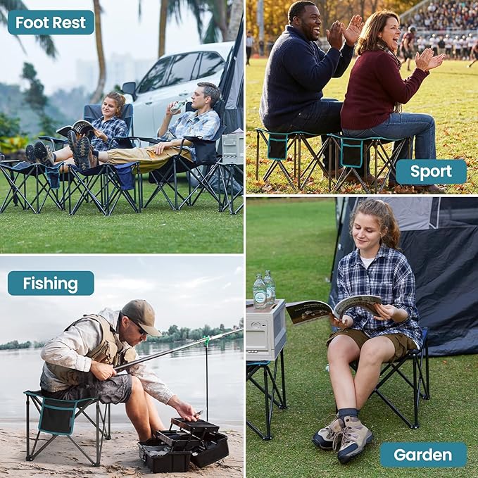 FUNDANGO Oversized Camping Stool for Adults, 2 Pack Thick Padded 18.1 Inch Folding Ottoman Foot Rest, 440 Lbs Heavy Duty Outdoor Camp Chairs with Anti-Slip Foots&Carry Bag for Fishing Travel (Grey)