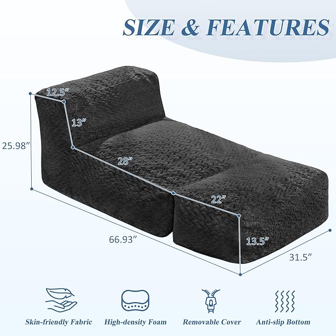 Hobestluk Bean Bag Chair Big Bean Bag Lounger for Adults Bean Bag Couch with Memory Foam Filled for Living Room, Bedroom or Balcony (Chevron Plush Black)