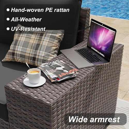 ALAULM 7 Pieces Patio Furniture Set with Fire Pit Table 55000BTU, Oversized Seat/Armrest and High Back Wicker Conversation Set with Thick Cushion for Backyard, Garden, Black