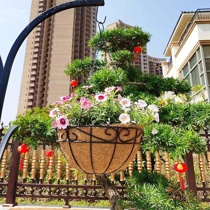4 Pack 10 Inch Hanging Baskets for Plants Outdoor Metal Hanging Planter Hanging Flower Baskets with Coco Fiber Liners Chain Round Wire Plant Holder Hangings Flower Pots(Plaid)