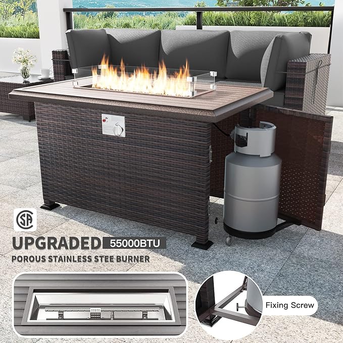 Kullavik 10 Pieces Outdoor Patio Furniture Set with 43" 55000BTU Gas Propane Fire Pit Table PE Wicker Rattan Sectional Sofa Patio Conversation Sets,Grey