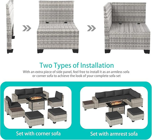 9-Piece Outdoor Patio Furniture Set with 55,000 BTU Fire Pit Table, PE Wicker Rattan Sectional Sofa Patio Conversation Set with Ottomans & Coffee Table, Dark Grey