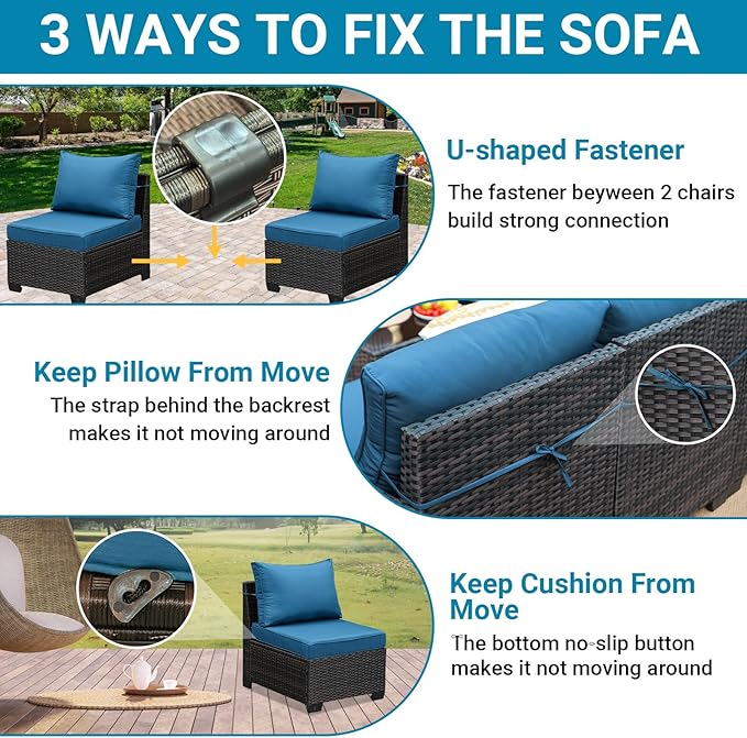 Jing's Villa 7-Piece Patio Furniture Set, All-Weather Outdoor Wicker Sectional Sofa with Cushions, Tempered Glass Table & Ottoman, Rattan Conversation Seating for Porch, Garden, Backyard,Peacock Blue