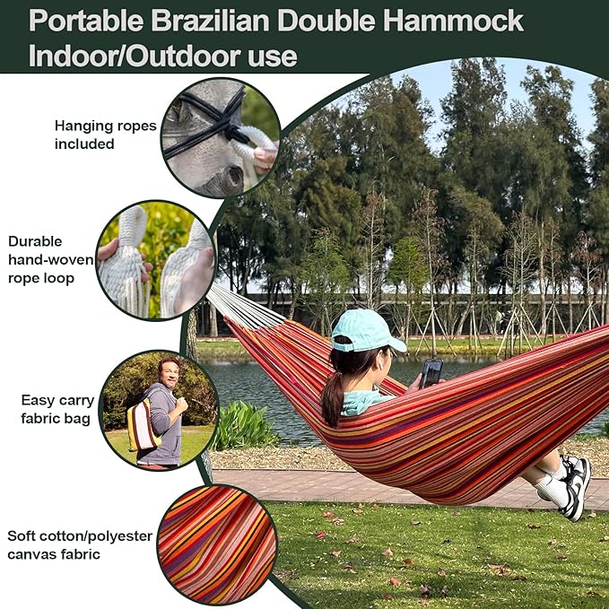 JoyView Brazilian Double Hammock with Hanging Ropes Extra Large 86.6x59” Portable Cotton Hammock for Patio Backyard Porch 450LBS Weight Capacity Perfect for Outdoor/Indoor - Natural White