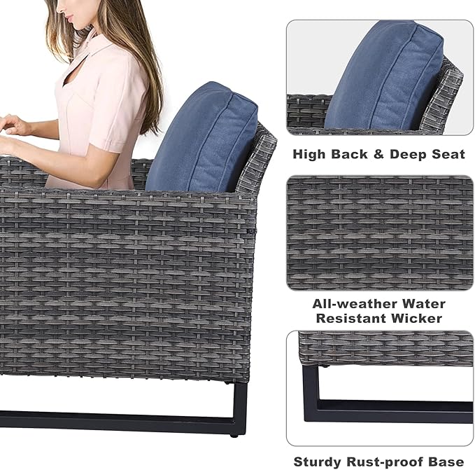 Belord 7 Piece Outdoor Furniture Patio Wicker Sofa Set, Oversize Outdoor Dining Chairs with Rattan Ottomans, Conversation Sets Patio Furniture Come with Removable Washable Cushion Blue