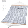 SUNCREAT Double Quilted Hammock with Hardwood Spreader Bar, Extra Large Soft Pillow, Heavy Duty 2 Person Hammock for Indoor, Outdoor, Grey Pattern