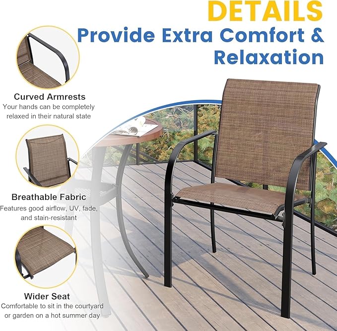VICLLAX 5 Pieces Patio Dining Set for 4, Outdoor Furniture Set Includes 40.7" Round Patio Table and 4 Patio Stackable Chairs, Walnut Tabletop and Brown Fabric