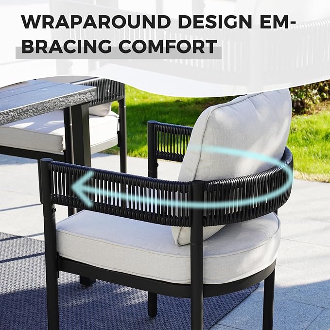 Grand patio 5-Piece Outdoor Dining Set for 4, Metal Woven Wicker Fixed Patio Chairs with Thickened Cushions & 1 Square Woodgrain Dining Table with Umbrella Hole for Backyard Deck (Black)