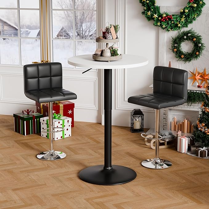 Flamaker Round Bistro Pub Table 23.6 Inch Height Adjustable 360° Swivel Bar Table Metal Base for Pub, Dining Room, Party (1, White-Black)