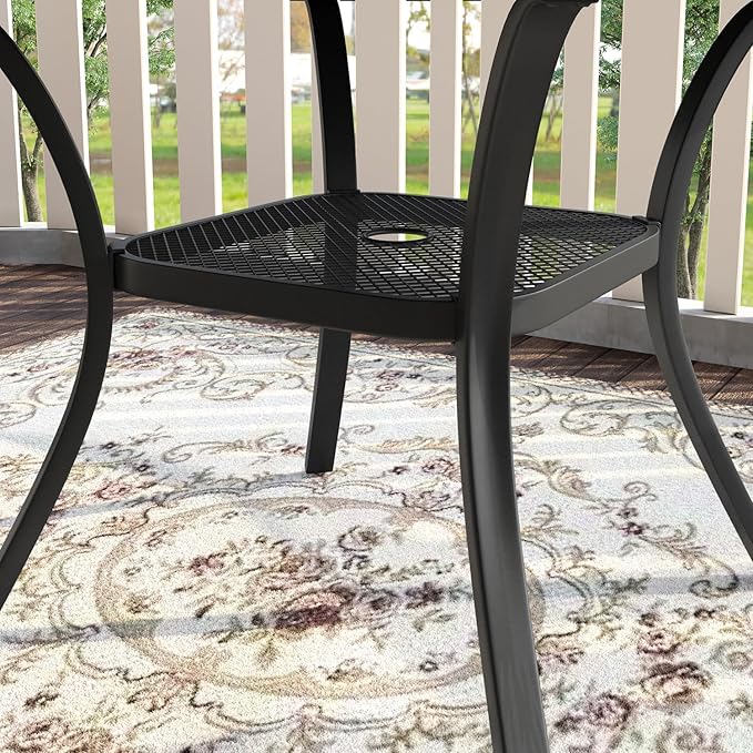 VICLLAX Patio Dining Set for 6, All Weather Metal Outdoor Furniture Set- 47" Round Patio Table and Chairs, Black Tabletop and Red Fabric