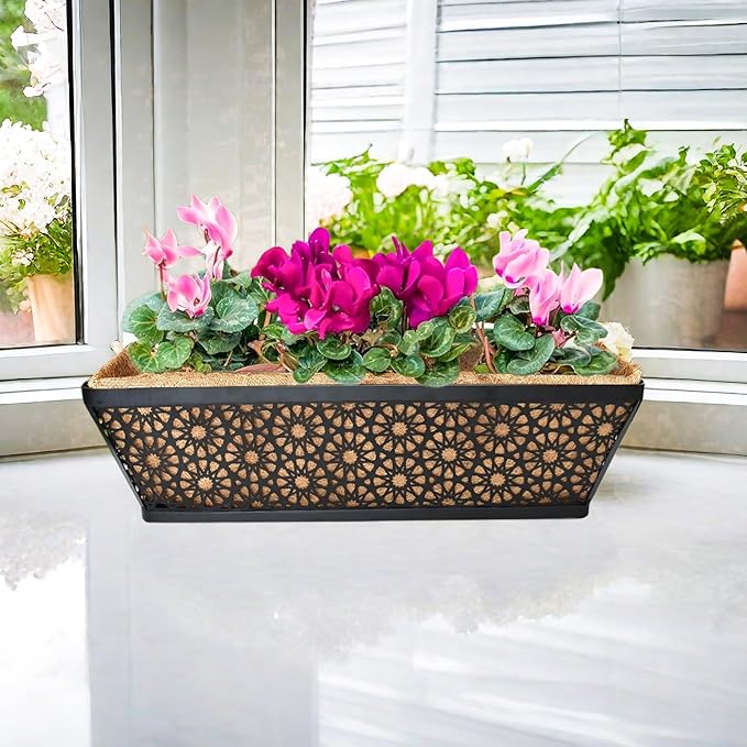 4 Pack 24" Railing Planter Window Box Deck Balcony Rail Planter Black Metal Flower Basket Horse Trough Planter with Coco Fiber Liner for Porch Fence Patio Outdoor