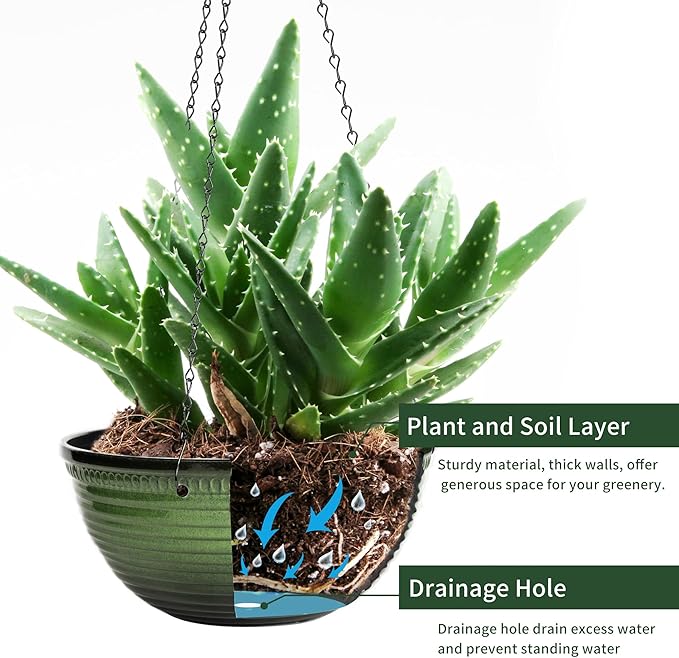 12 inch Hanging Planters for Indoor Outdoor Plants, 2 Pack Large Hanging Flower Pots with Drainage Holes and Chain, Glazed Hanging Baskets for Home Garden Decoration, Green