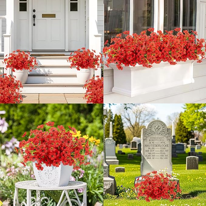 MACTING 12 Bundles Artificial Flowers for Outdoors Fake Flowers UV Resistant Faux Plastic Plants No Fade for Planters Window Patio Porch Garden Home Outside Spring Summer Decorations,Red