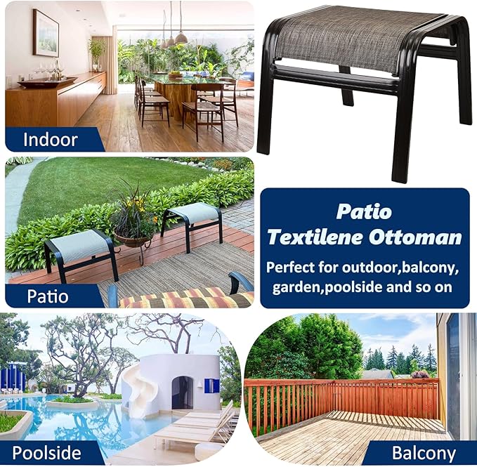 Outdoor Patio Ottoman Seat Textilene Portable Metal Footstool Portable Footrest Patio Chairs 2 Set New Brown