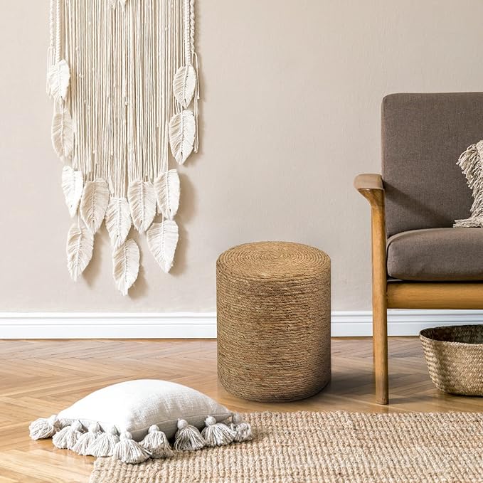 Wimarsbon Round Pouf Ottomans, Handwoven Natural Water Hyacinth Seagrass Pouffe,Outdoor Rattan Stool Accent Seat, Bohemian Coastal Home Decor (2pcs 14inch Natural Cattail)