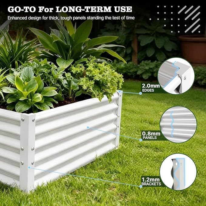 A ANLEOLIFE Set of 8, 18 Inch Tall Antique White Raised Garden Beds Kit, L-Shaped & Rectangular Metal Planters – Ideal for Backyard Vegetables Flowers Herbs