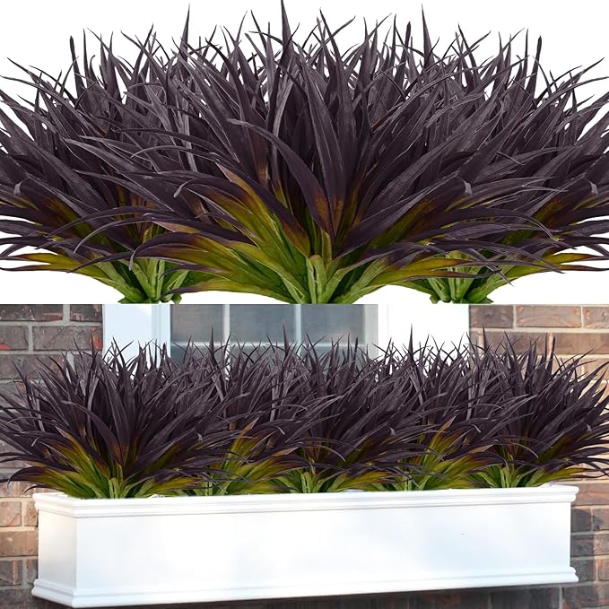 16Pcs Artificial Grass Fake Grass Plants 17.3in Outdoor Plants UV Resistant Faux Greenery Stems for Home Window Garden Patio Pathway Front Porch Halloween Décor Light Green & Purple