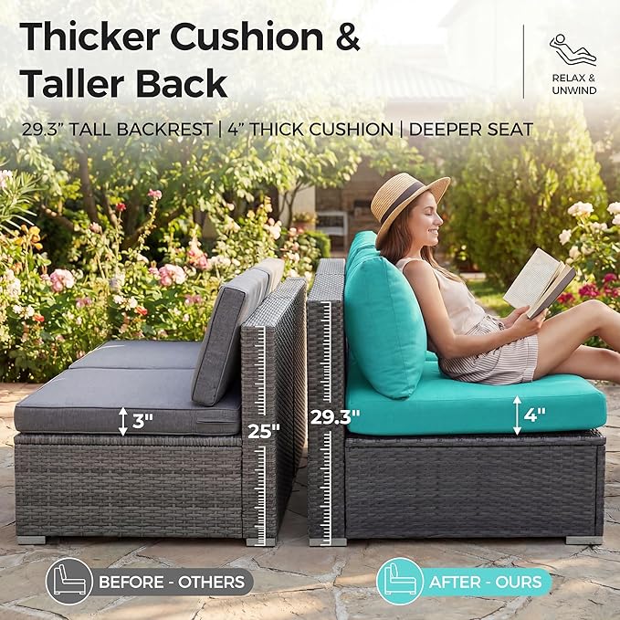 NICESOUL 8 People Outdoor Seating Furniture, 29.3'' High Back Comfortable Wicker Patio Sectional Sofas with Ottoman, Deep Seats Oversized Conversations for Exteriors, 2 Color Cushion Turquoise & Gray