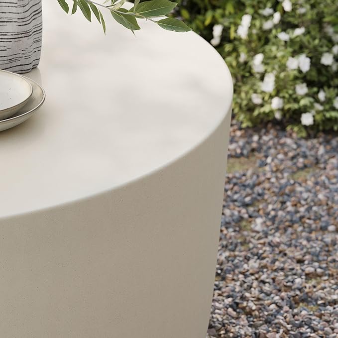 Modway Brion 34 Inch Round Concrete Coffee Table – Indoor/Outdoor Tapered Cylinder Coffee Table – Low Center Table for Living Room or Patio in White
