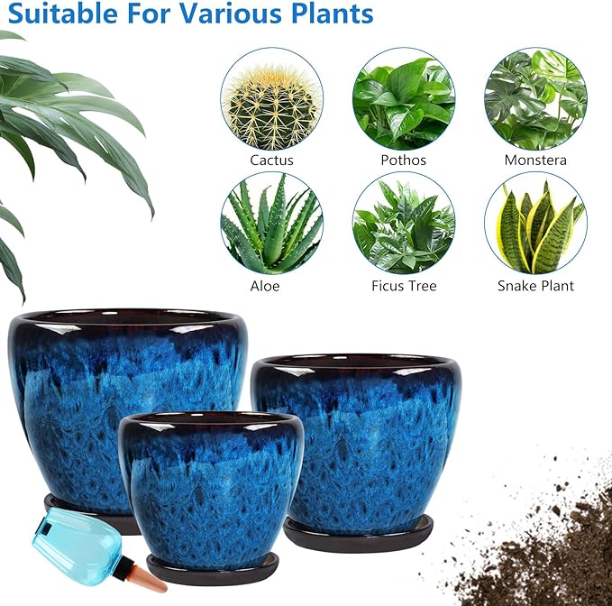 Ceramic Pots for Plant with Self Watering Globes, 8 inch Planters for Indoor Plants with Saucer, Glaze Flower Pots Outdoor with Drainage Holes, Decorative Garden Pots