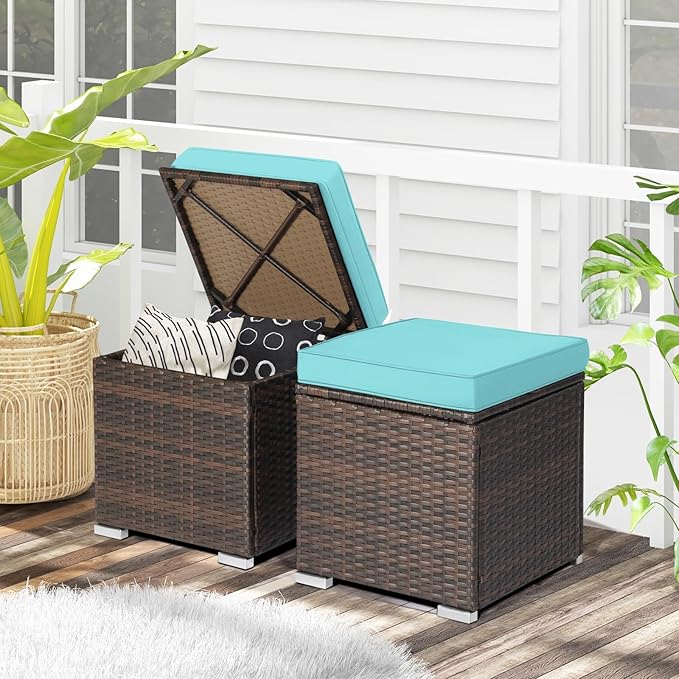 RELAX4LIFE Wicker Outdoor Storage Ottoman, 2-Piece Rattan Footstool w/Removable Cushion, Multipurpose Footrest Stool Side Table Additional Seating, Set of 2 Outdoor Ottomans for Patio Deck (Turquoise)