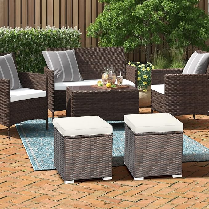 RELAX4LIFE Wicker Outdoor Storage Ottoman, 2-Piece Rattan Footstool w/Removable Cushion, Multipurpose Footrest Stool Side Table Additional Seating, Set of 2 Outdoor Ottomans for Patio Deck (Off White)