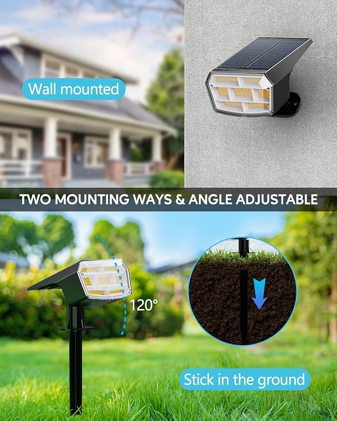 HIBOITEC Solar Spot Lights Outdoor Waterproof 59LED Landscape Lights Solar Powered Uplights Adjustable Brightness Dusk to Dawn for Outside Garden Yard Trees 8 Packs Warm White