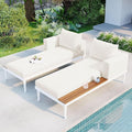Outdoor Patio Metal Daybed with Wood Topped Side for Drinks, 2 in 1 Padded Chaise Lounge Chair with Cushions & Pillows, Outdoor Double Sun Lounger for Lawn Garden Poolside, Beige
