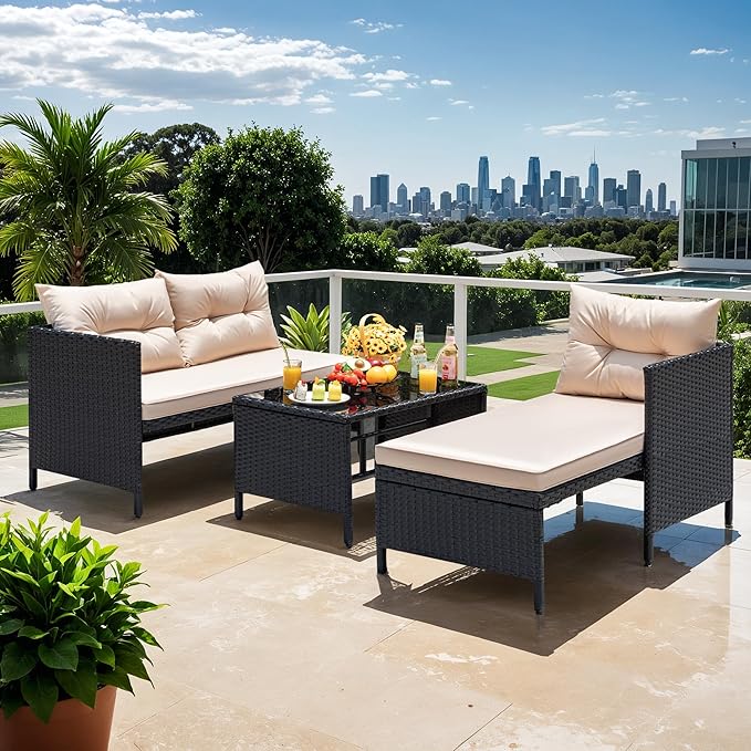 Devoko Outdoor Patio Furniture 3-Piece Rattan Waterproof Outdoor Sectional Sofa All-Weather L Shaped Patio Couch with Cushion Glass Table for Balcony, Garden (Beige)