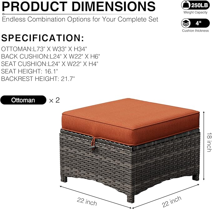 Joyside Outdoor Ottoman Set of 2, Patio Large Ottoman Foot Rest with Thickened Cushions, Outdoor Wicker Foot Stool for Porch, Deck Use