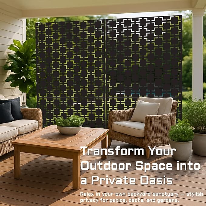 72" Metal Privacy Screen Freestanding Outdoor Room Divider Decorative Laser Cut Fence Panel, Weatherproof Patio Privacy Fence for Garden, Balcony, Backyard Landscape