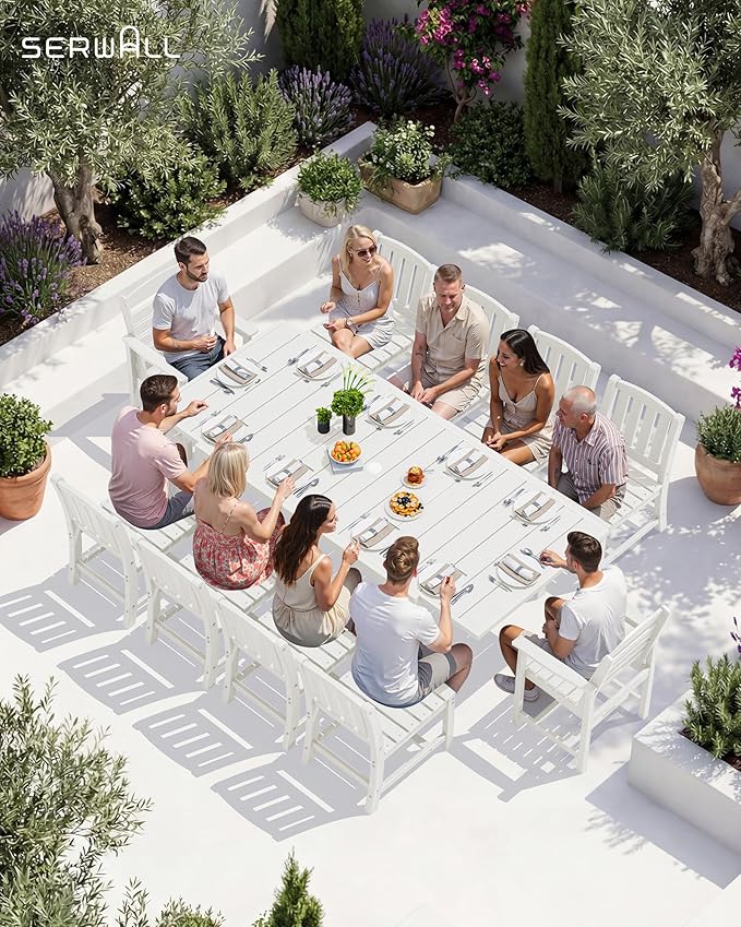 SERWALL Outdoor Expandable Dining Table 60" - 83", Patio Dining Table for 4-10 People, All Weather HDPE and Aluminum Outdoor Furniture for Backyard, Garden, White