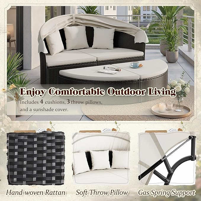 Devoko Patio Furniture Outdoor Round Daybed with Retractable Canopy Wicker Rattan Separated Seating Sectional Sofa for Patio Lawn Garden Backyard Porch