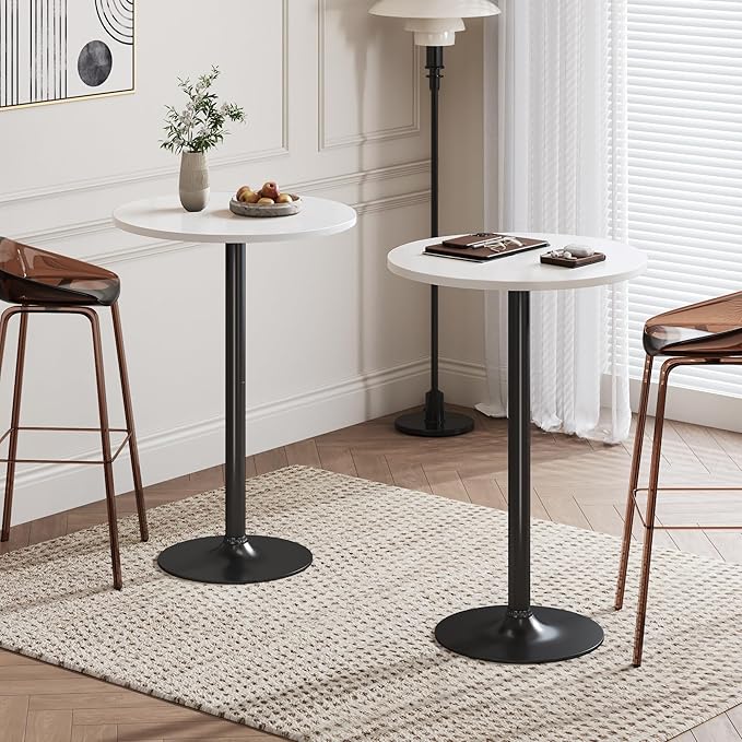 Flamaker Round Bistro Pub Table Modern Style Metal Base MDF Top Cocktail Bar Table Counter Bar Height for Pub, Dining Room, Party (2, White-Black)