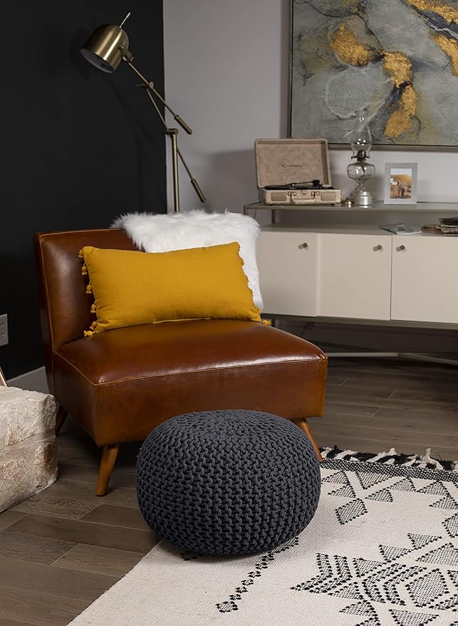 BIRDROCK HOME Round Pouf Ottoman | Cotton Braided Foot Stool with Bean Bag Filling | Boho Foot Rest for Living Room & Bedroom | Compact & Comfortable Seating, Lightweight & Soft | Charcoal