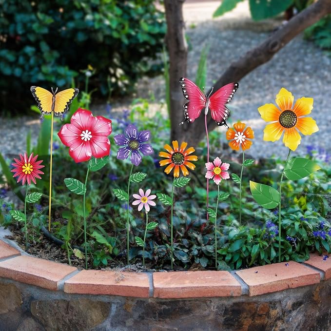 hogardeck Garden Decor for Outside, Set of 10 Metal Flowers Decorative Garden Stakes for Spring Decor, Yard Art Garden Decorations for Outdoor Lawn Porch Pathway (Multi-Color) (Color b)