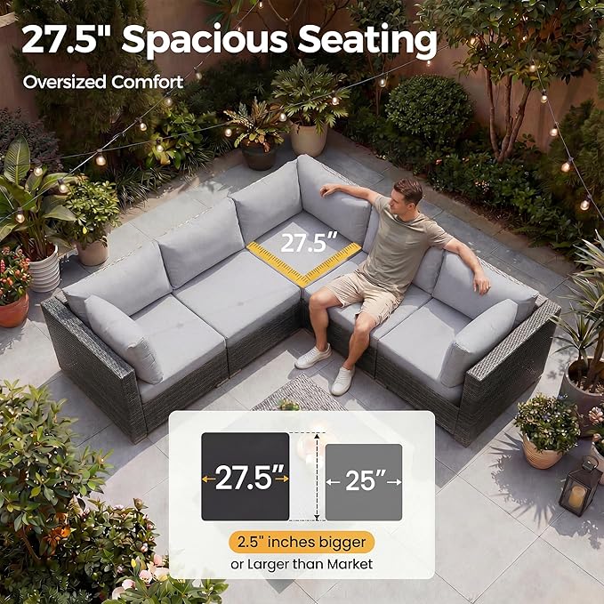 NICESOUL 9 Piece Outdoor Patio Furniture Set with Fire Pit Table Dual Natural Gas & Propane, 29.3'' High Back Extra Large Comfy Wicker Conversations, Deep Wide Modular Couches for Garden, Light Grey