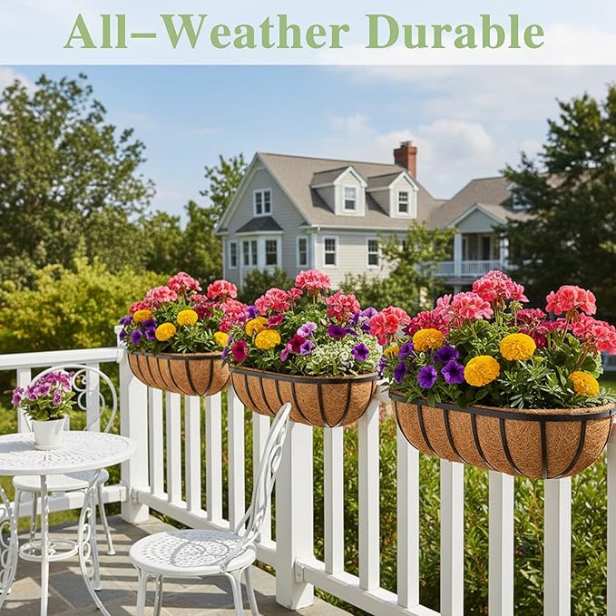 24 Inch Railing Planter Window Box Deck Balcony Rail Planter with Coco Liner Metal Wall-Mounted Coconut Liner Planter Basket English Horse Trough Planters for Outdoor Balcony Porch Fence (2 Pack)