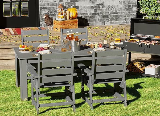 GREENVINES Outdoor Dining Table | 67’’ | HDPE | Rectangle Tables for 6 | All-Weather | Umbrella Hole | Patio Furniture | for Poolside Backyard Garden | Grey