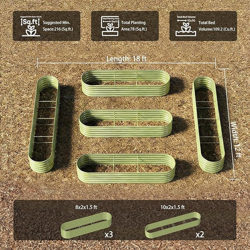 5-Pack 18” Tall Galvanized Raised Garden Beds – Everyday Kitchen Garden Layout, Fits 200 Sq Ft Patio or Backyard, 10x2x1.5 ft & 8x2x1.5 ft Metal Flower Bed for Herbs Vegetable - Moss Green