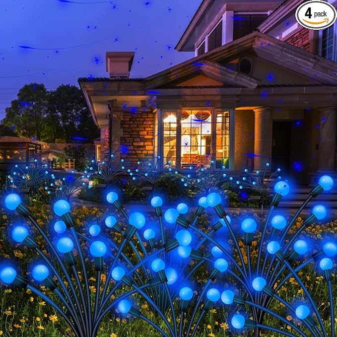 Kohlrabi Solar Garden Lights Outdoor, 4 Pack 40 LED Solar Blue Firefly Lights Waterproof, Starburst Wind Swaying Light for Outside Yard Patio Planter Flower Bed Walkway Christmas Decoration